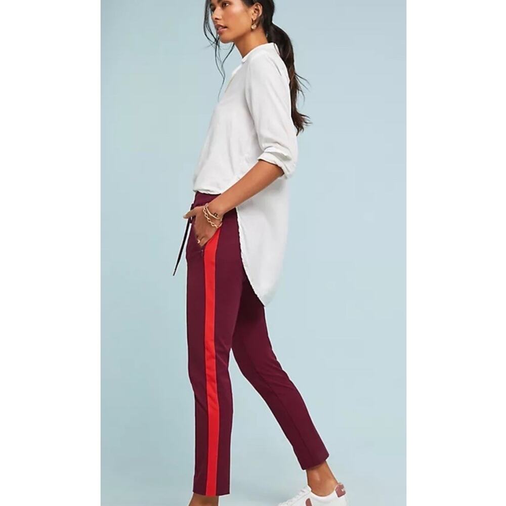 Anthropologie Burgundy Side Stripe Jogger Pants Sporty Chic Pull-On Trousers 4 - Picture 10 of 12